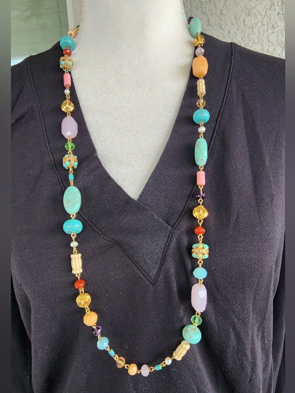 Ralph Lauren Turquoise, Coral & Gold Beaded Long Necklace